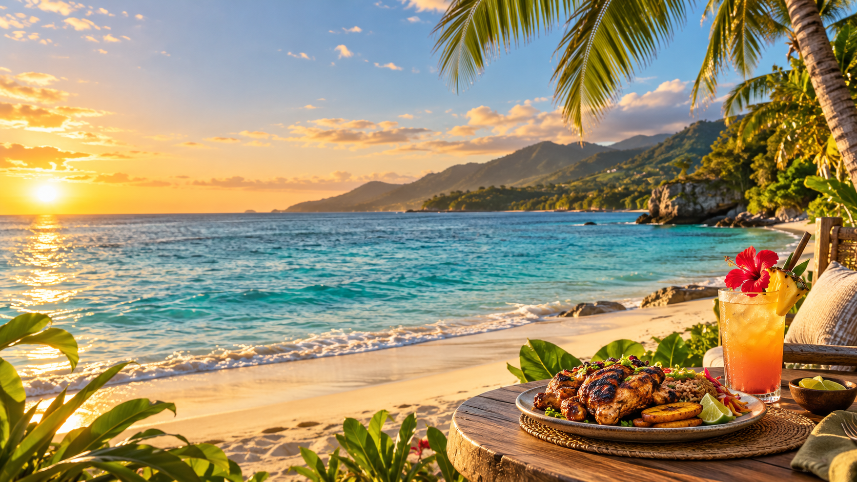 Jamaican beach at sunset with tropical drink and jerk chicken